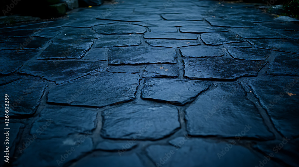 Aufkleber dark paved stone surface path wet from rain in evening light with textured and rough rocks