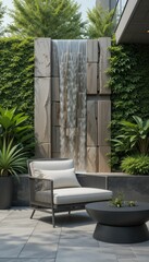 A contemporary outdoor lounge space featuring a cushioned lounge chair and a sleek table, surrounded by a mesmerizing artificial waterfall and a lush green artificial landscape