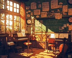 A vibrant cartoon-style illustration of a lively music classroom scene.