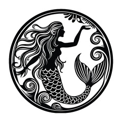 A graceful mermaid silhouette with flowing hair and a curved tail, evoking mystery and oceanic beauty against a moonlit or sunlit backdrop.