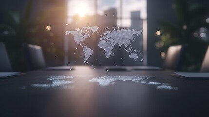 A hyper-modern holographic world map floating in a futuristic setting.