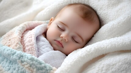 Infant lies sleeping wrapped securely in soft blankets