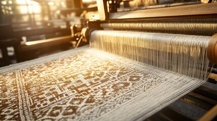 Intricate Textile Weaving Process in Sunlit Workshop Environment
