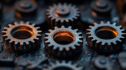Metallic Gears Arranged in Circular Pattern with Warm Lighting in Dark Setting