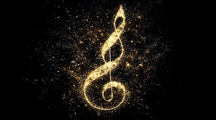 Sparkling golden treble clef symbolizing music, set against a dark background with shimmering particles