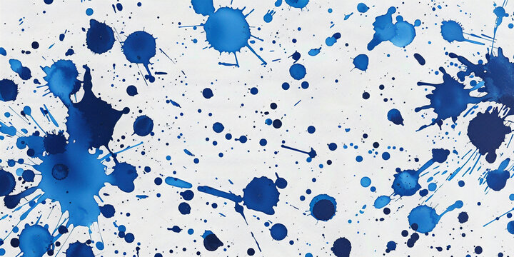 Abstract blue paint splatters on white background creating a dynamic and energetic visual pattern