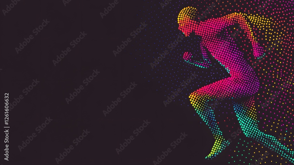 Poster colorful running figure composed of small dots on dark background
