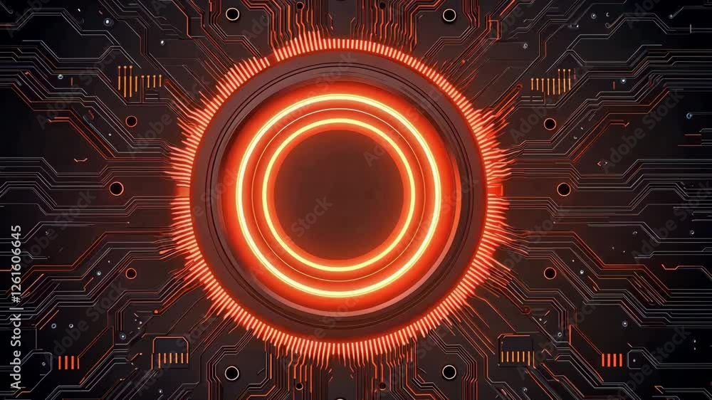 Poster futuristic glowing red circuit board with central circular design technological innovation in electr