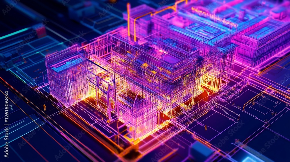 Poster abstract technology blueprint cityscape with glowing lines and detailed structures