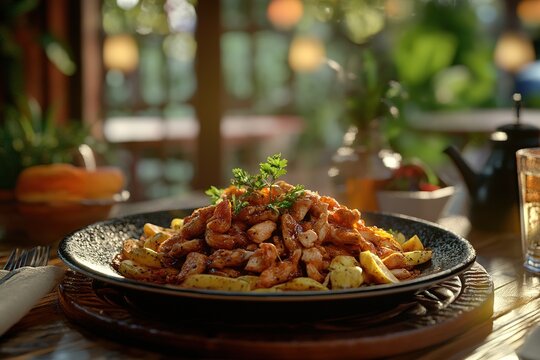 Tendir Doner with Juicy Chicken Served on the Table in a Traditional Style
