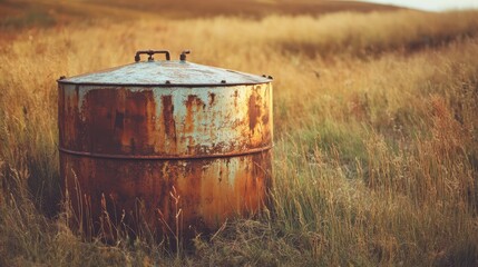 Weathered Rusty Tank Surrounded by Golden Tall Grasses at Sunset