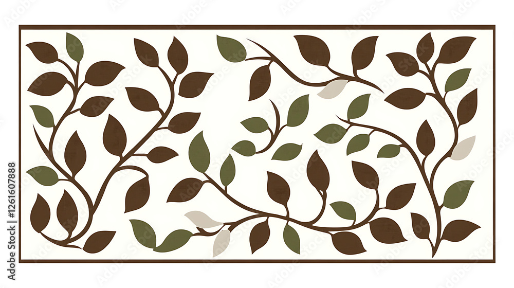 Poster Decorative Leaves Pattern with Brown Vines and Green Accents on White Background Framed Rectangular Art