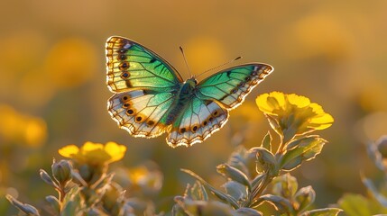 Vibrant butterfly perched on bright yellow flowers during golden hour in a serene garden
