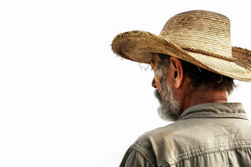 A man with a straw hat and beard, gazing away, against a plain background.