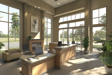 contemporary office with open floor plan and large windows