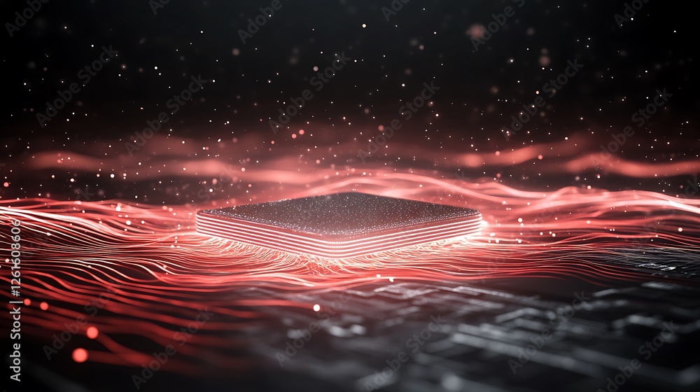 Poster A floating quantum computer chip with a glowing design, ideal for technology and innovation themes.