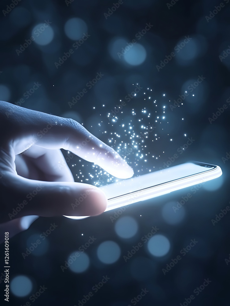 Aufkleber a cybernetic hand interacts with a smartphone, showcasing a futuristic, glowing design in a digital 