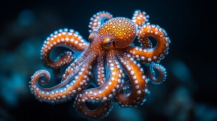 Fototapeta premium Ancient octopus with glowing tentacles in a prehistoric underwater setting, symbolizing deep-sea discovery. 