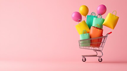 Colorful shopping bags and balloons in a cart against a pink background, symbolizing celebration