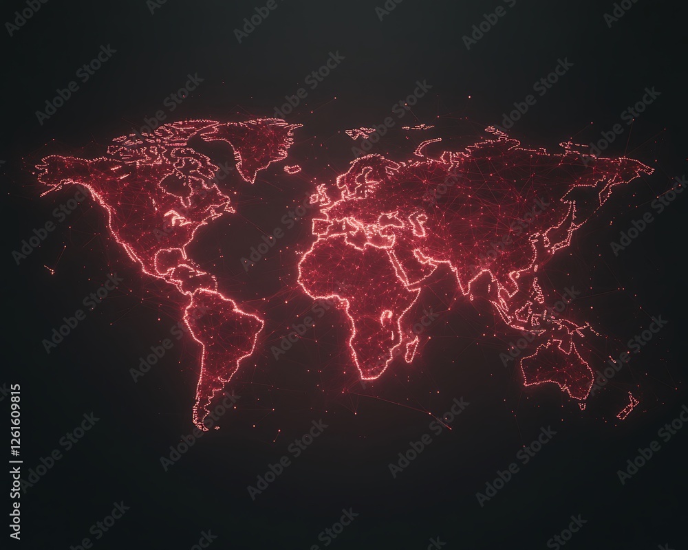 Poster futuristic world map illustration showcasing real-time data visualizations in a modern design.