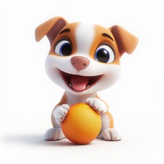 Fototapeta premium 3D Cartoon Puppy Playing With Orange Ball
