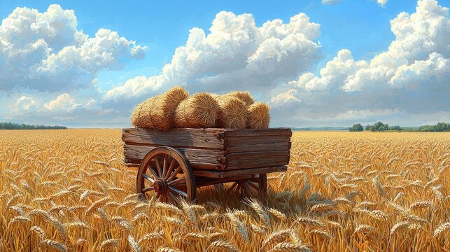 A rustic wooden cart filled with hay bales in a golden wheat field under a bright blue sky