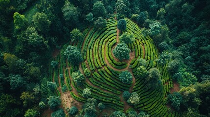 Aerial View of Serene Tea Plantation on Lush Hillside