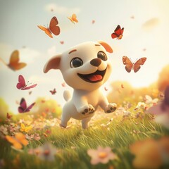 Naklejka premium Cartoon Dog Running in a Field with Butterflies