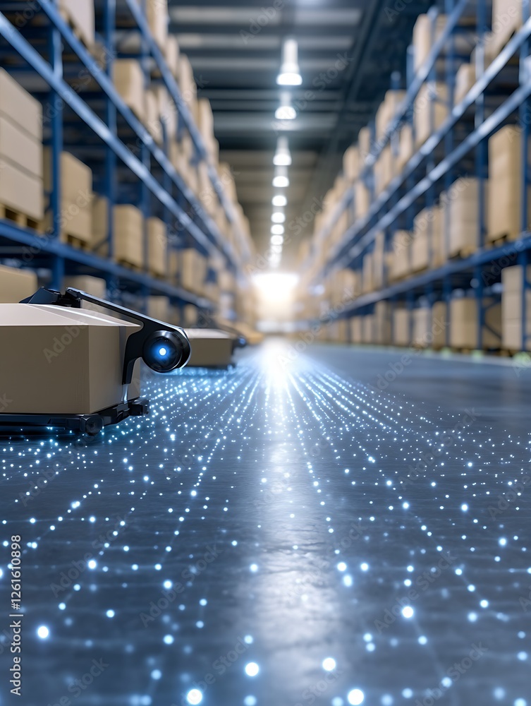 Poster A futuristic smart warehouse featuring robotic arms for efficient automation and storage solutions.