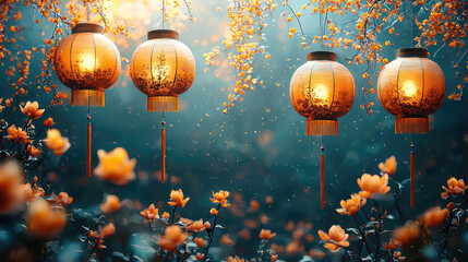 Obraz premium Illuminated lanterns hanging amidst blooming flowers at dusk.