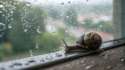 Rainy Day Snail: A snail makes its slow journey across a windowsill during a rainy day, raindrops clinging to the glass, creating a serene and reflective atmosphere. 