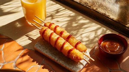 National Corn Dog Day, golden corn dog, ketchup, and mustard sprinkles, placed on the floor with a Glass of fresh orange juice