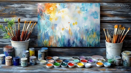 Artistic Watercolor Painting with Brushes and Paints