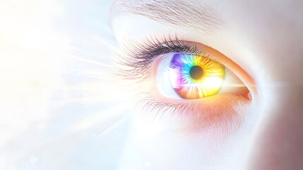 Close up shows eye with rainbow colored iris and eyelashes