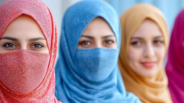 group of young muslim women wearing islamic niqab looking at the camera 