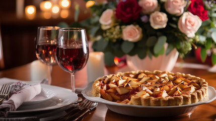 Naklejka premium Warm homemade apple pie and a bouquet of flowers on the table, National Pi Day 