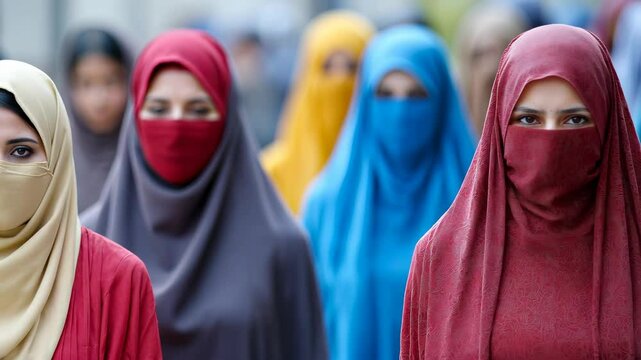 group of young muslim women wearing islamic niqab looking at the camera 