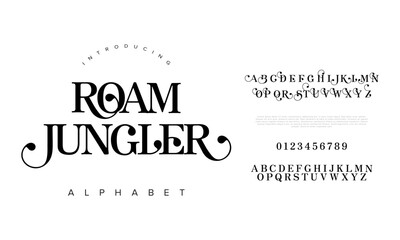 Roamjungler typography beauty fashion elegant minimalist serif italic fonts decorative wedding vintage retro logos. Minimal luxury font alphabet logo. Vector illustration