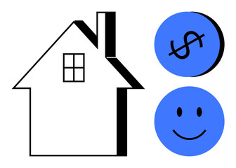 House outline with window adjacent to blue circles featuring dollar sign and smiling face. Ideal for real estate, mortgages, home ownership, financial success, happiness, investment, stability