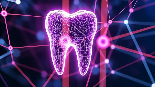 Futuristic Glowing Digital Tooth Illustration with Neon Network Symbolizing Advanced Dental Technology and Innovation in Healthcare