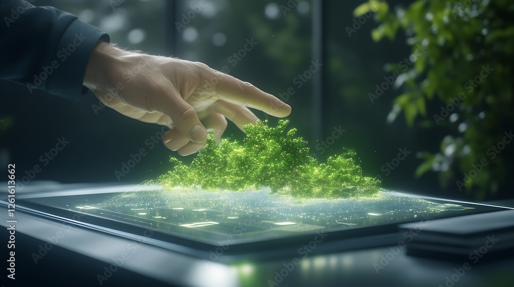 Aufkleber a futuristic financial hub featuring floating holograms in a modern setting.