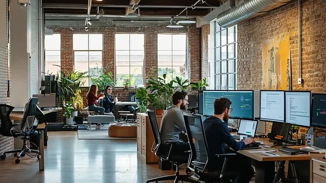 Modern office space with people working on computers, plants, and collaborative atmosphere