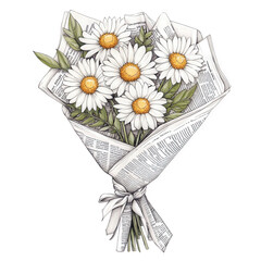 A bouquet of daisies wrapped in vintage newspaper, elegant and simple, hand-drawn illustration, transparent background, PNG