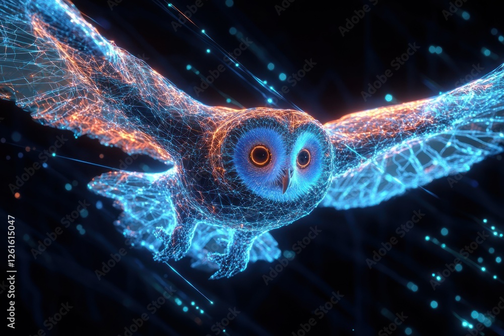 Poster owl in mid-flight, created in a digital plexus style with intricate network lines and laser light ef
