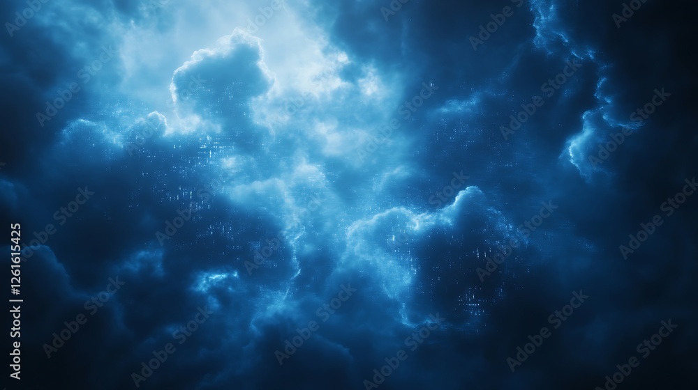 Aufkleber A futuristic data cloud floats in a deep blue background, symbolizing advanced technology and digital transformation.