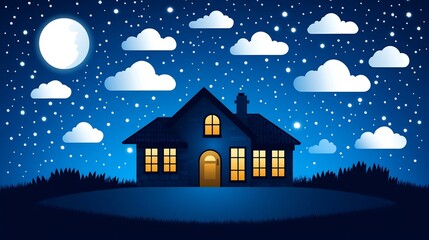 Naklejka premium Serene Night House Warmly Lit Under Starry Sky. AI Generated