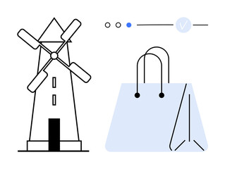 Windmill and shopping bag illustration with minimalist design elements. Ideal for online shopping, retail, eco-friendly themes, sustainable energy, branding, marketing, simplicity. Line metaphor