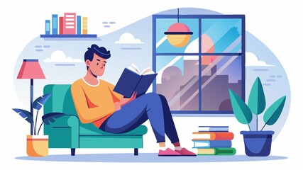 Fototapeta premium A tranquil scene, captured in stunning 4K, showcasing the calming influence of reading, as a man relaxes with a magazine in his living room.
