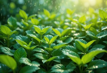 Fototapeta premium Lush green leaves in rainy forest nature scene close-up view freshness concept