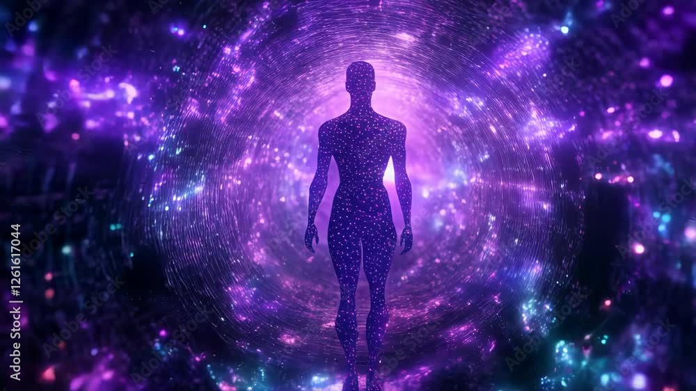 Poster man silhouette walking in purple cosmic tunnel with particles. digital space journey through neon un